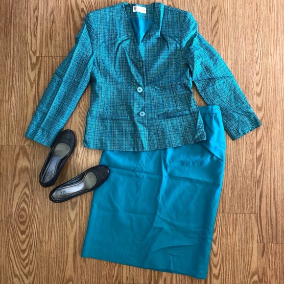 Pendleton Dresses & Skirts - Pendleton Vintage Striped Teal Blue Blazer & Skirt Suit Set Womens 8 Medium